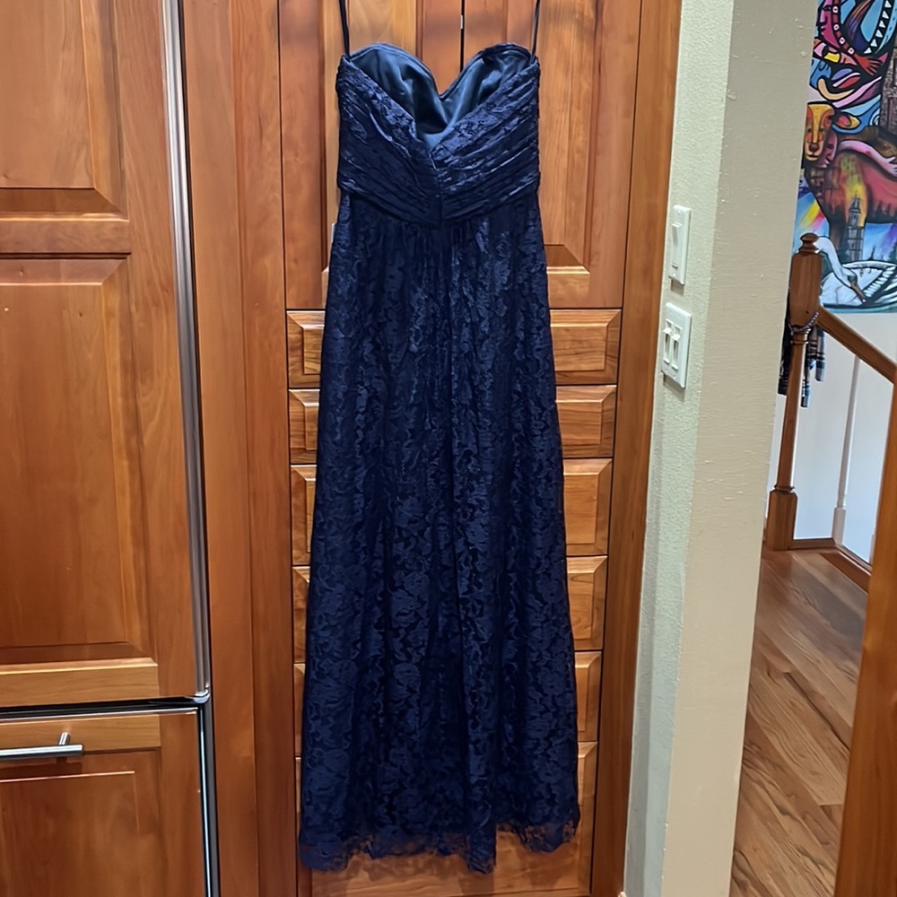 AMSALE ~ Navy Lace Strapless Sweetheart Formal Gown 4 NEW $370
